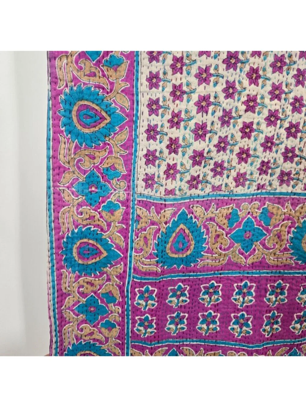 Mieko Mintz Purple & White Hand Stitched Floral Kantha Fabric Scarf Shawl Cotton